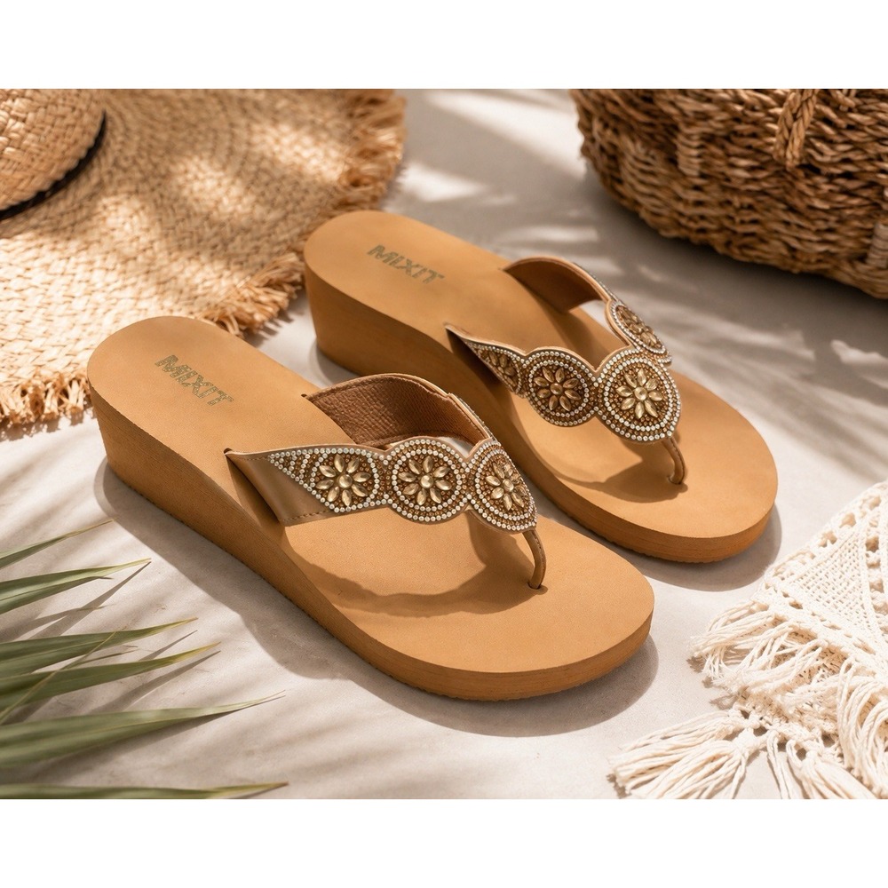 Mixit Jeweled Wedge Flip Flops Tan Rhinestone Floral Y2K Boho Sandals